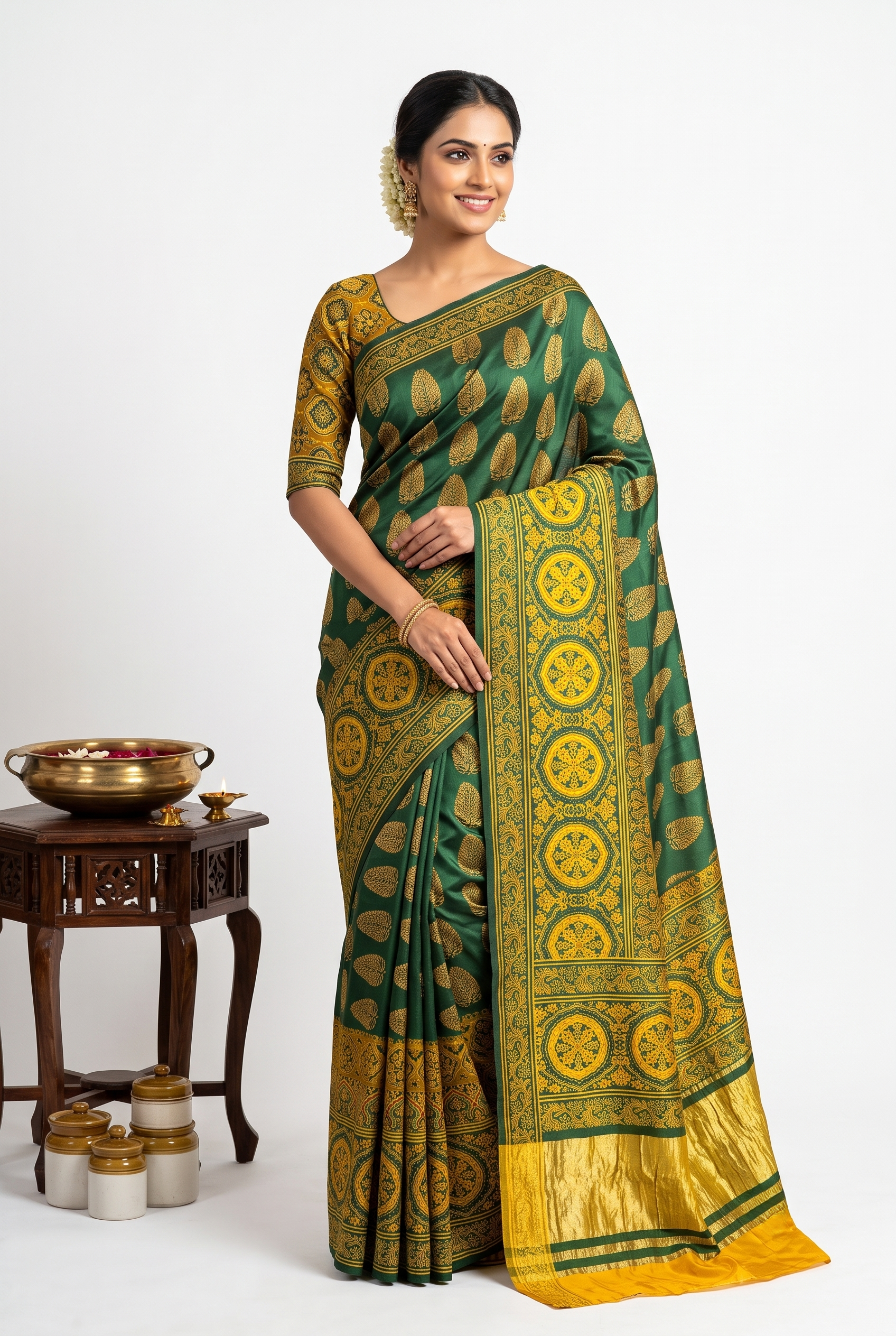 Ajrak Print Silk Green Saree