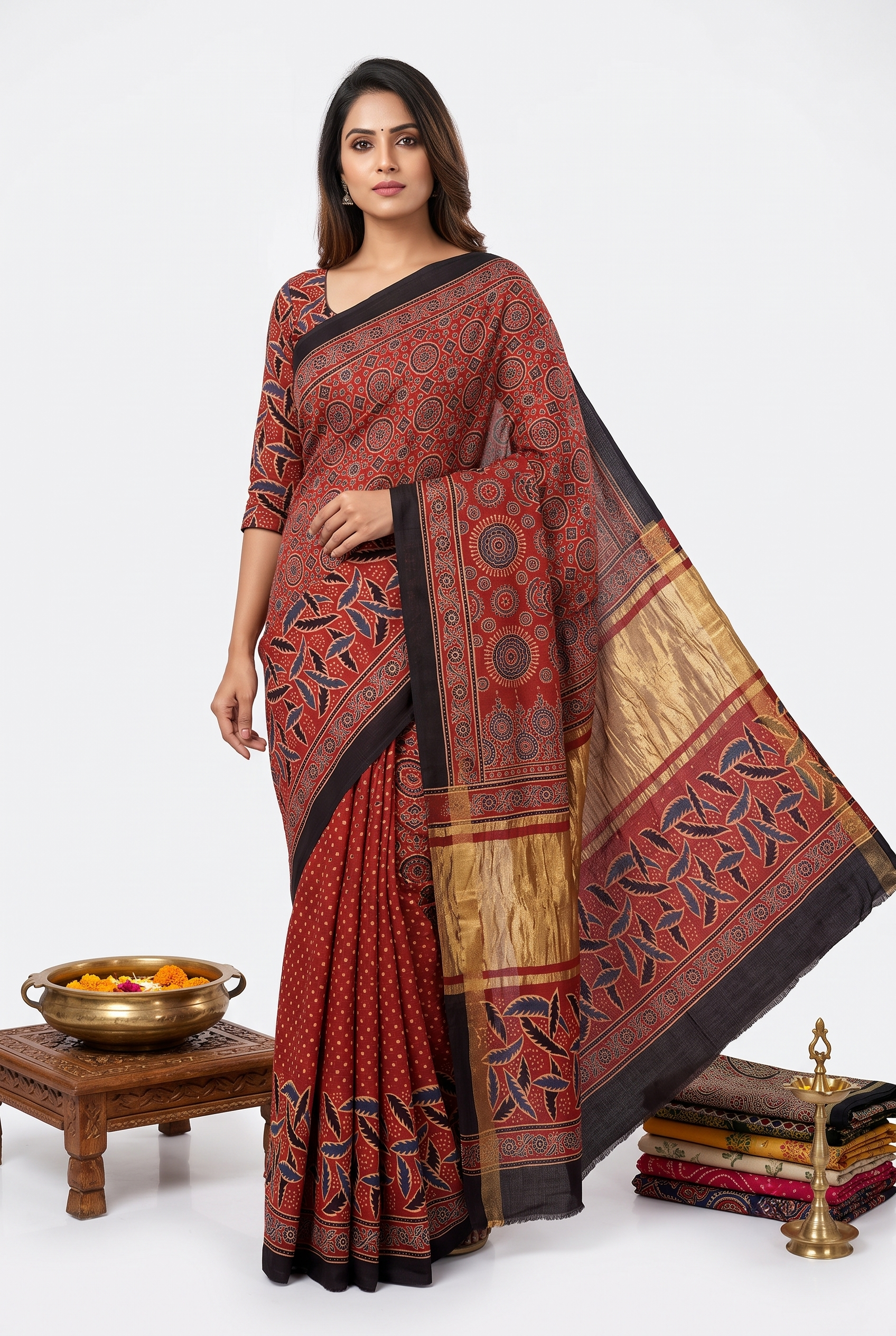 Ajrak Print Modal Silk Red Saree