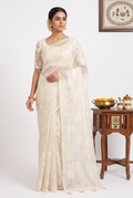 Floral Embroidery Organza White Saree