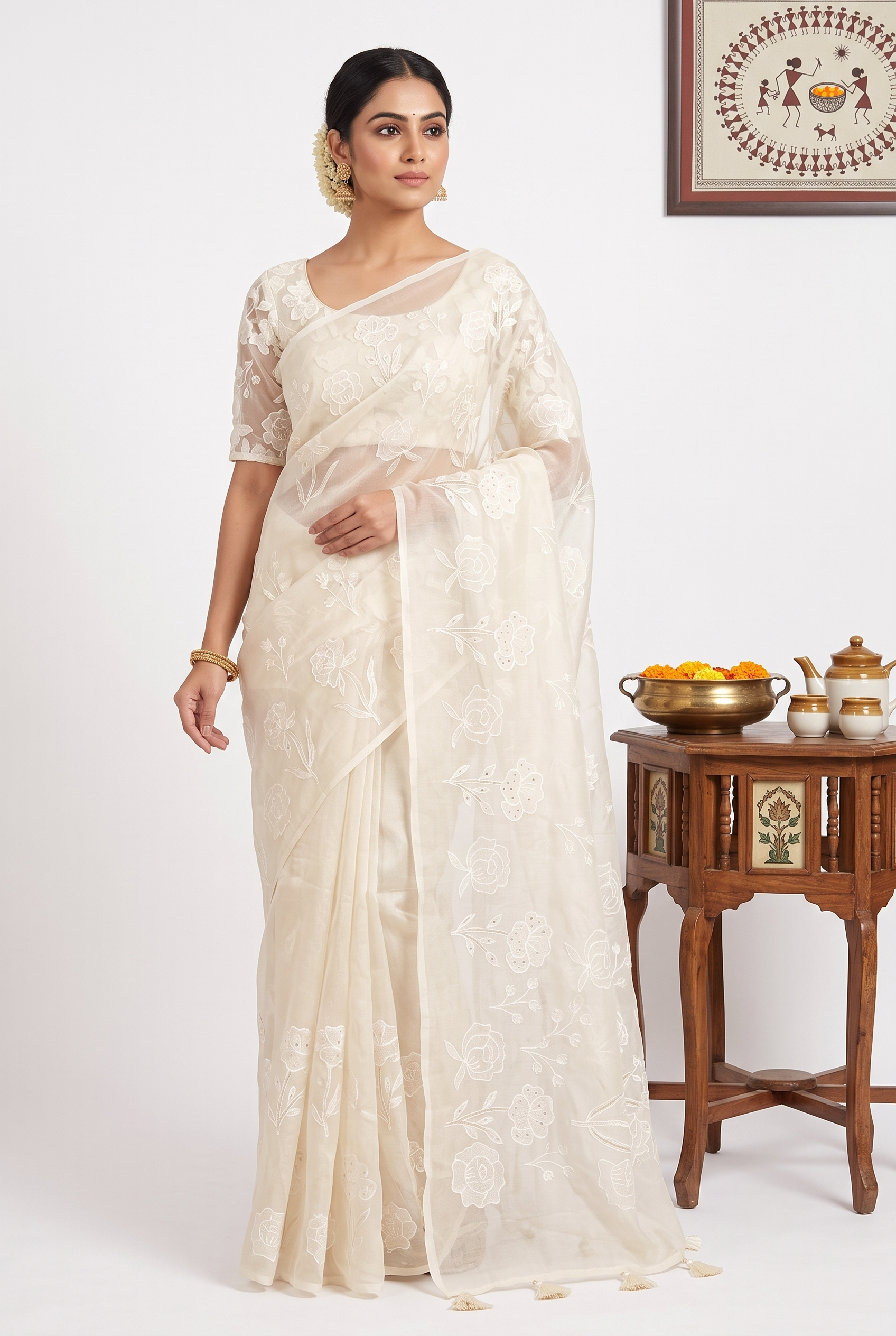 Floral Embroidery Organza White Saree