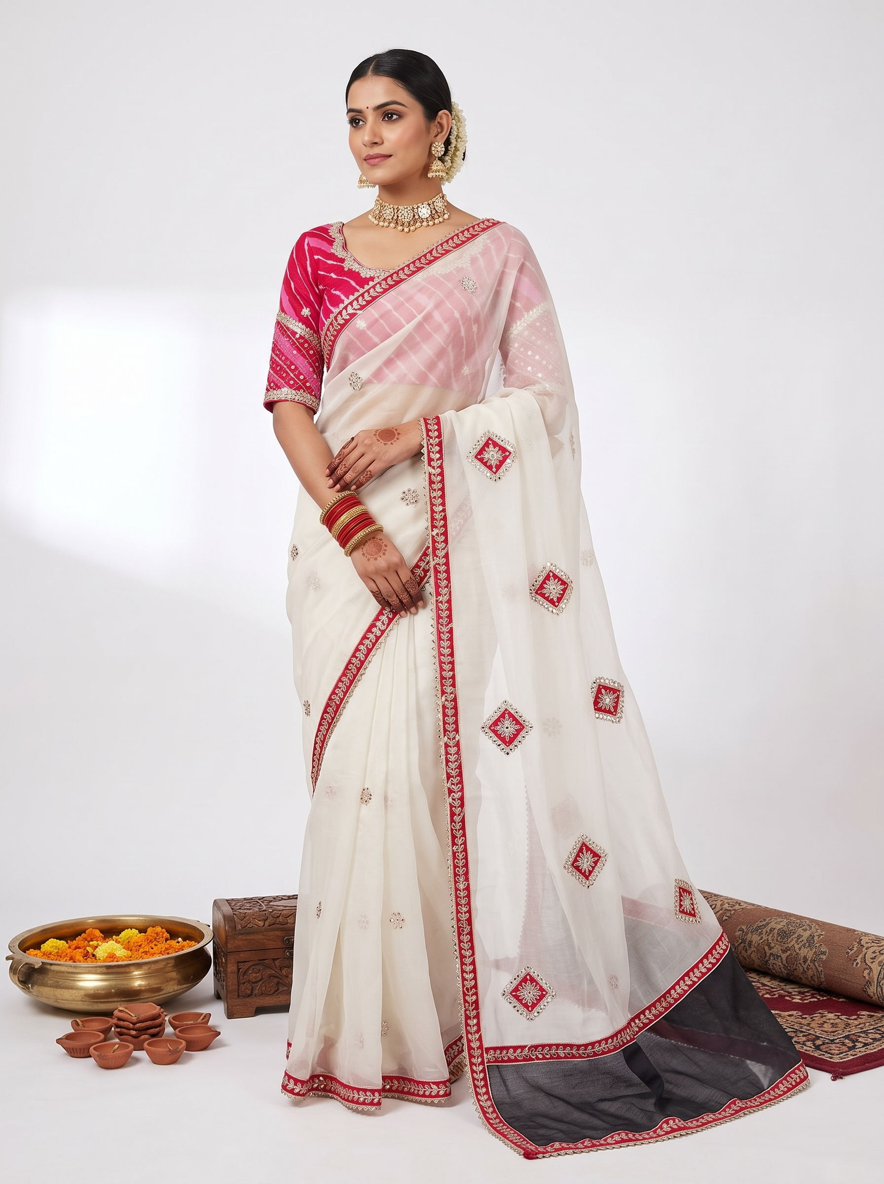 Embroidered White Saree