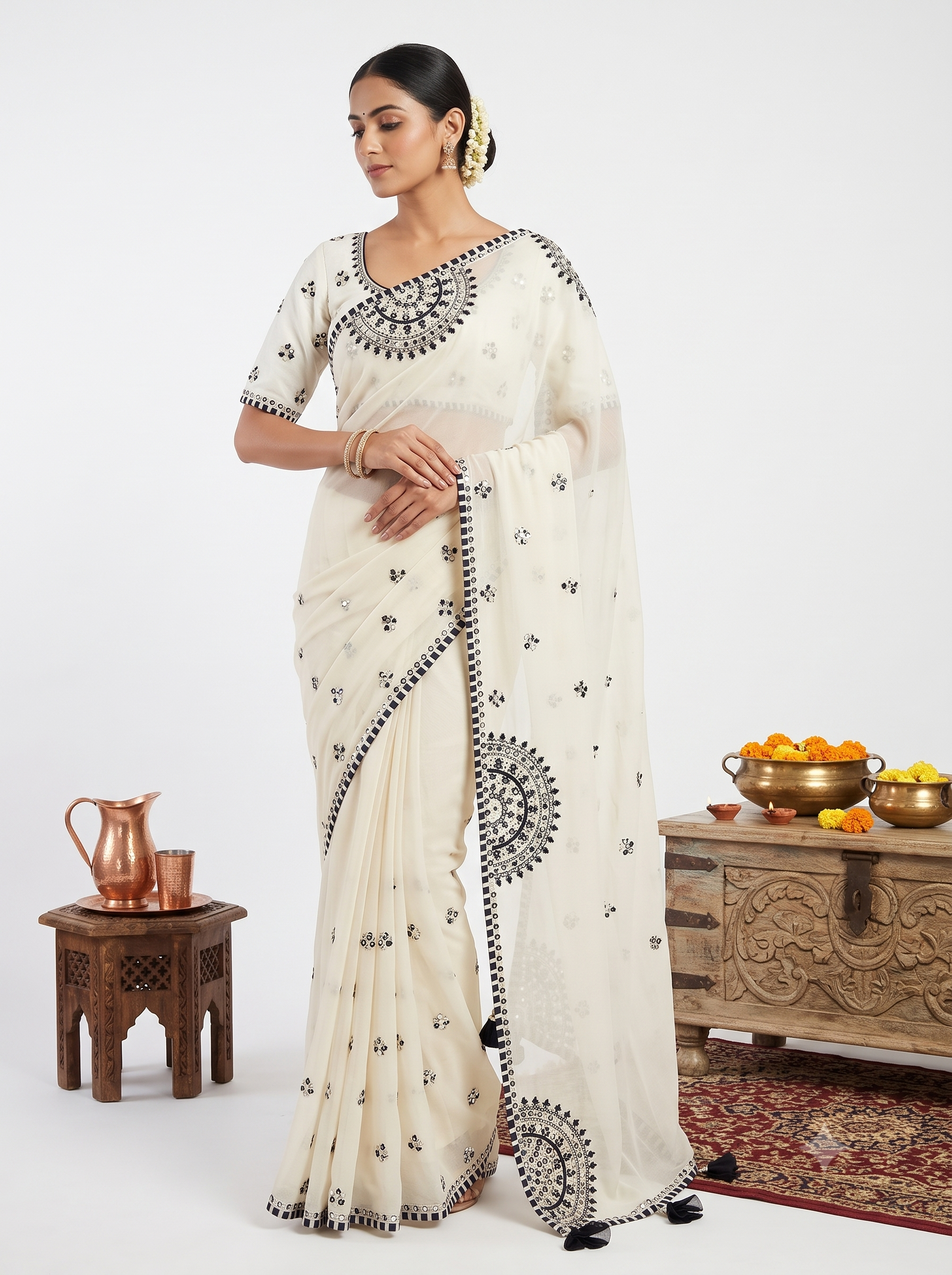 Embroidered White Saree