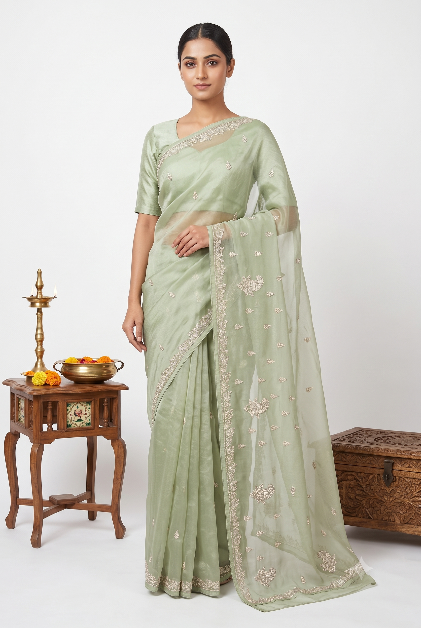 Designer Tissue Sage Green Saree