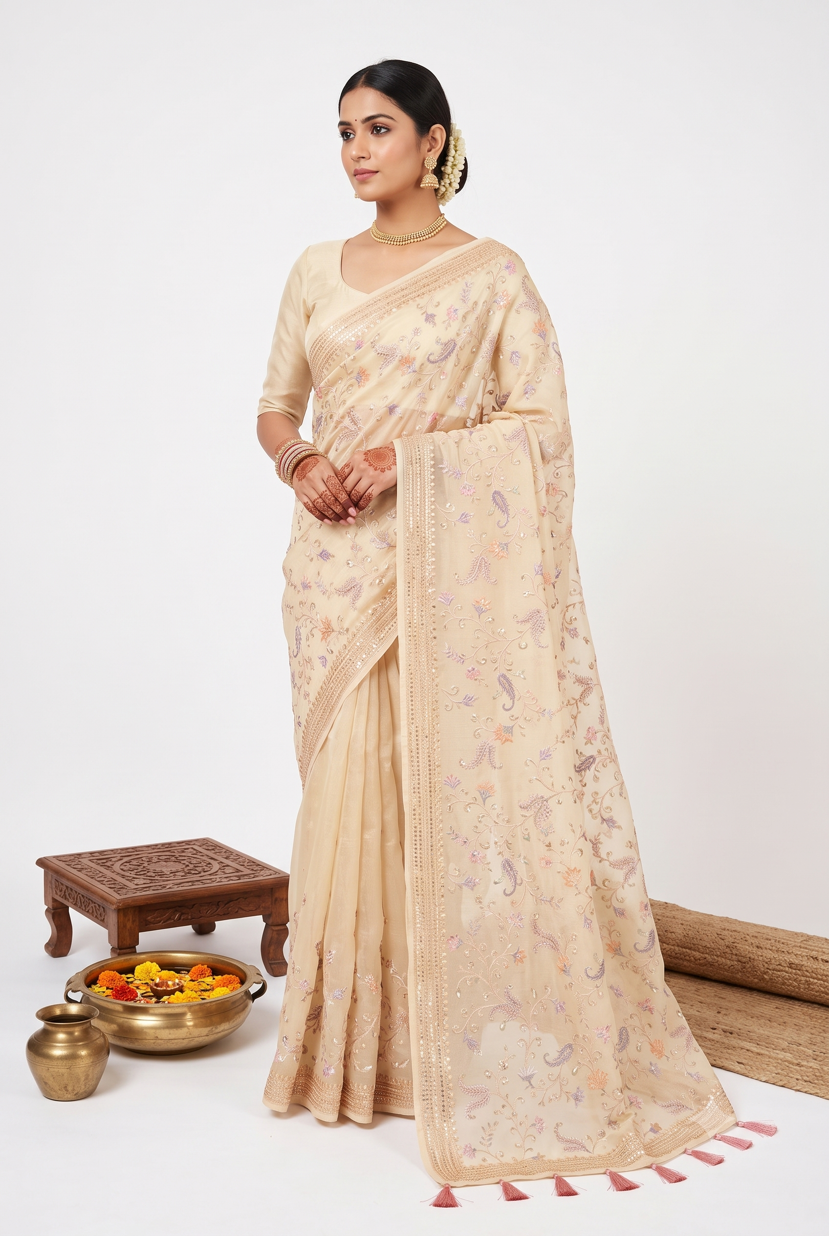 Resham Embroider Cream Saree