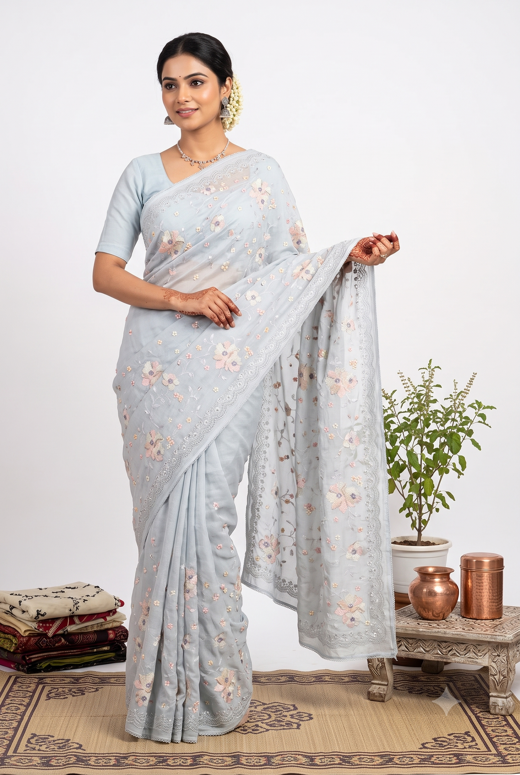 Resham Embroider Sky Blue Saree