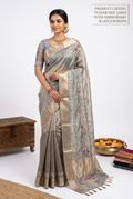 Floral Embroidery Silk Golden Green Saree