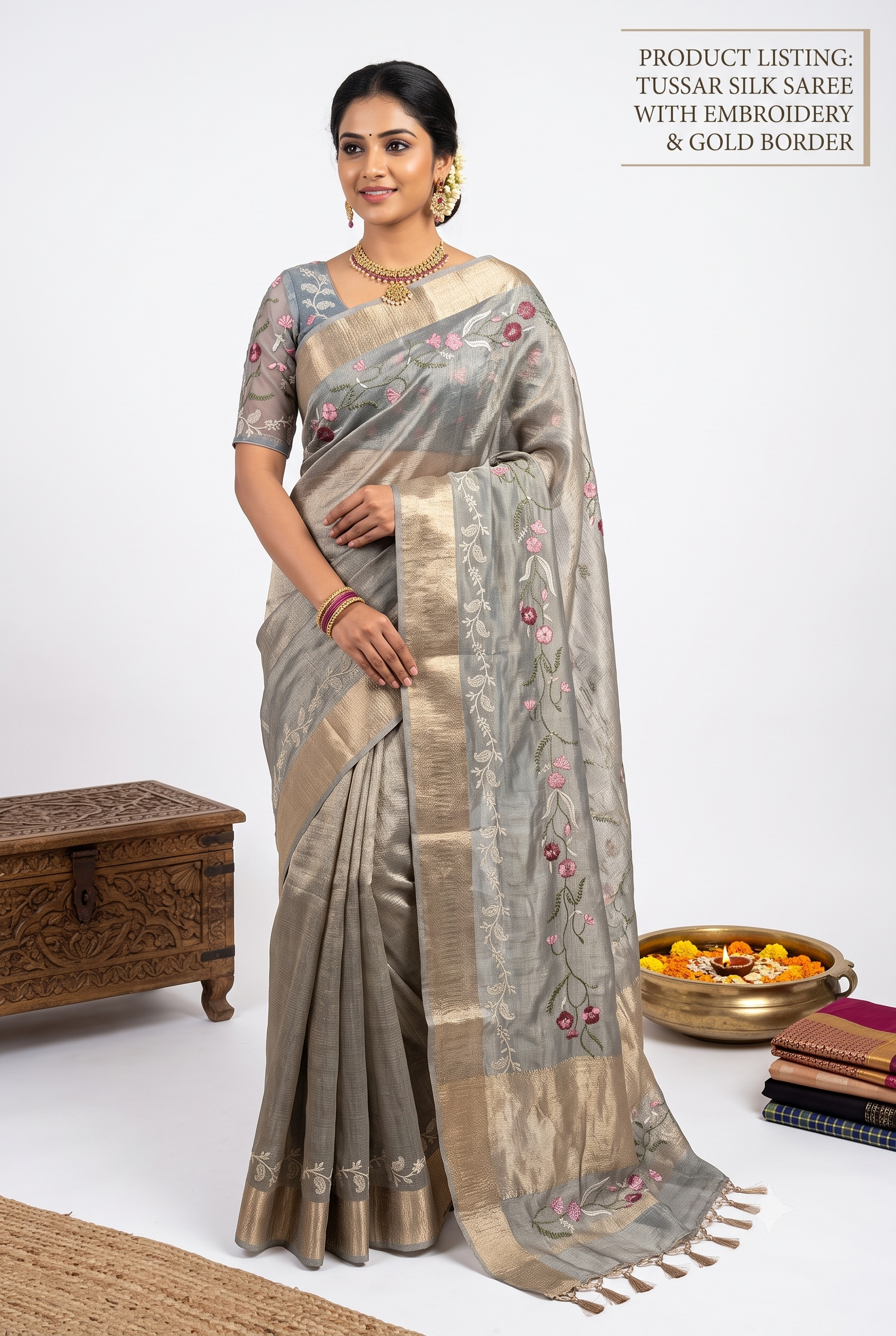 Floral Embroidery Silk Golden Green Saree