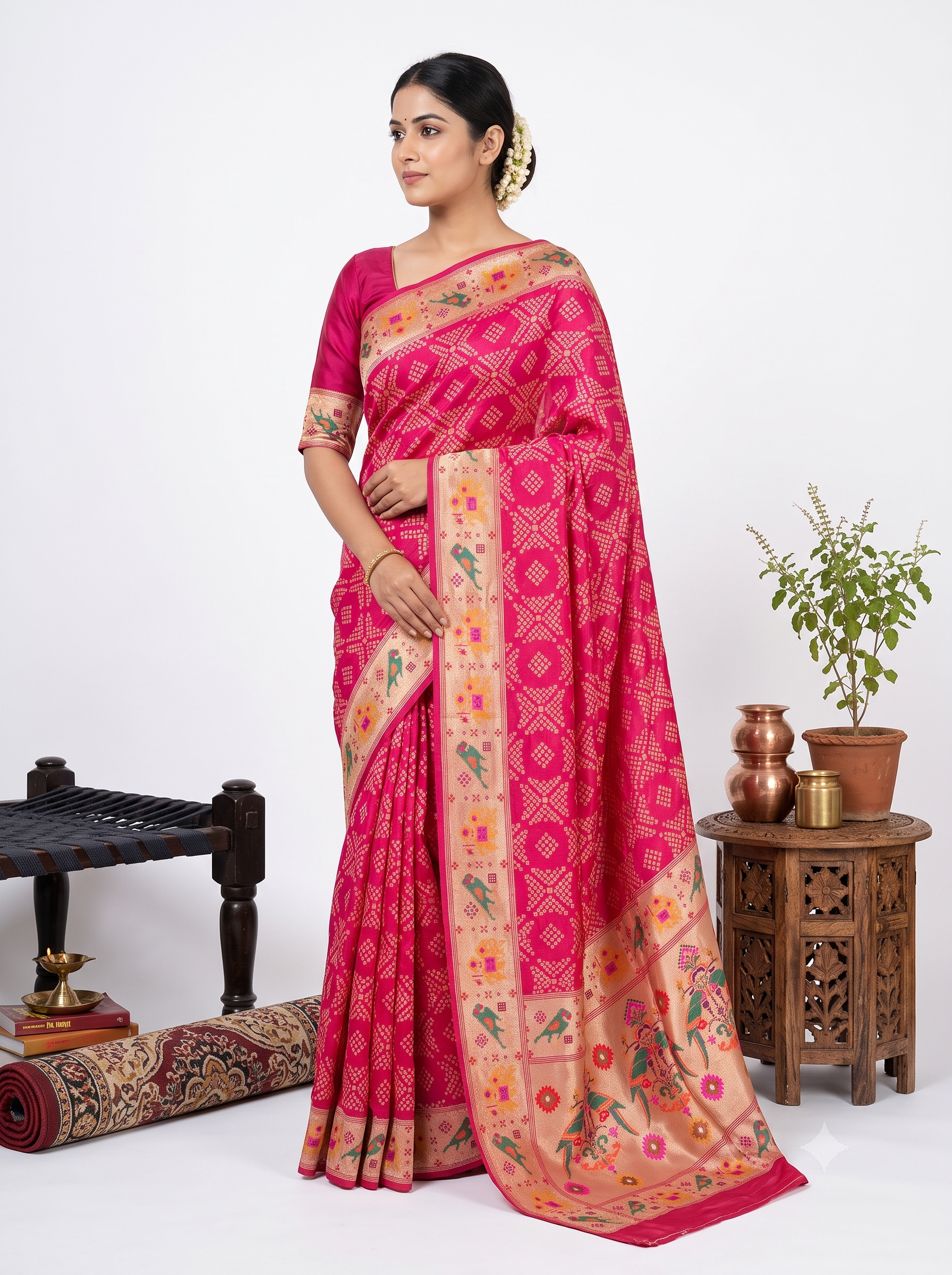 Bandhej Satin Megenta Saree