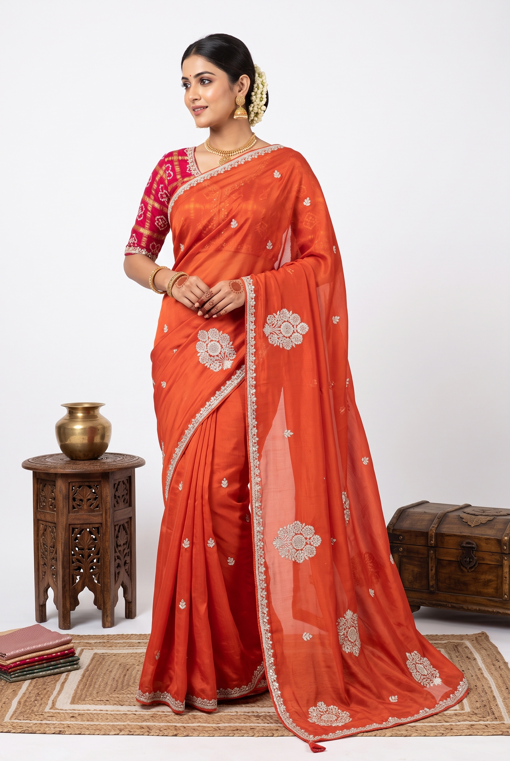 Designer Satin Orange Saree