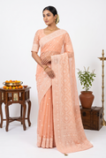Chikankari Georgette Peach Saree