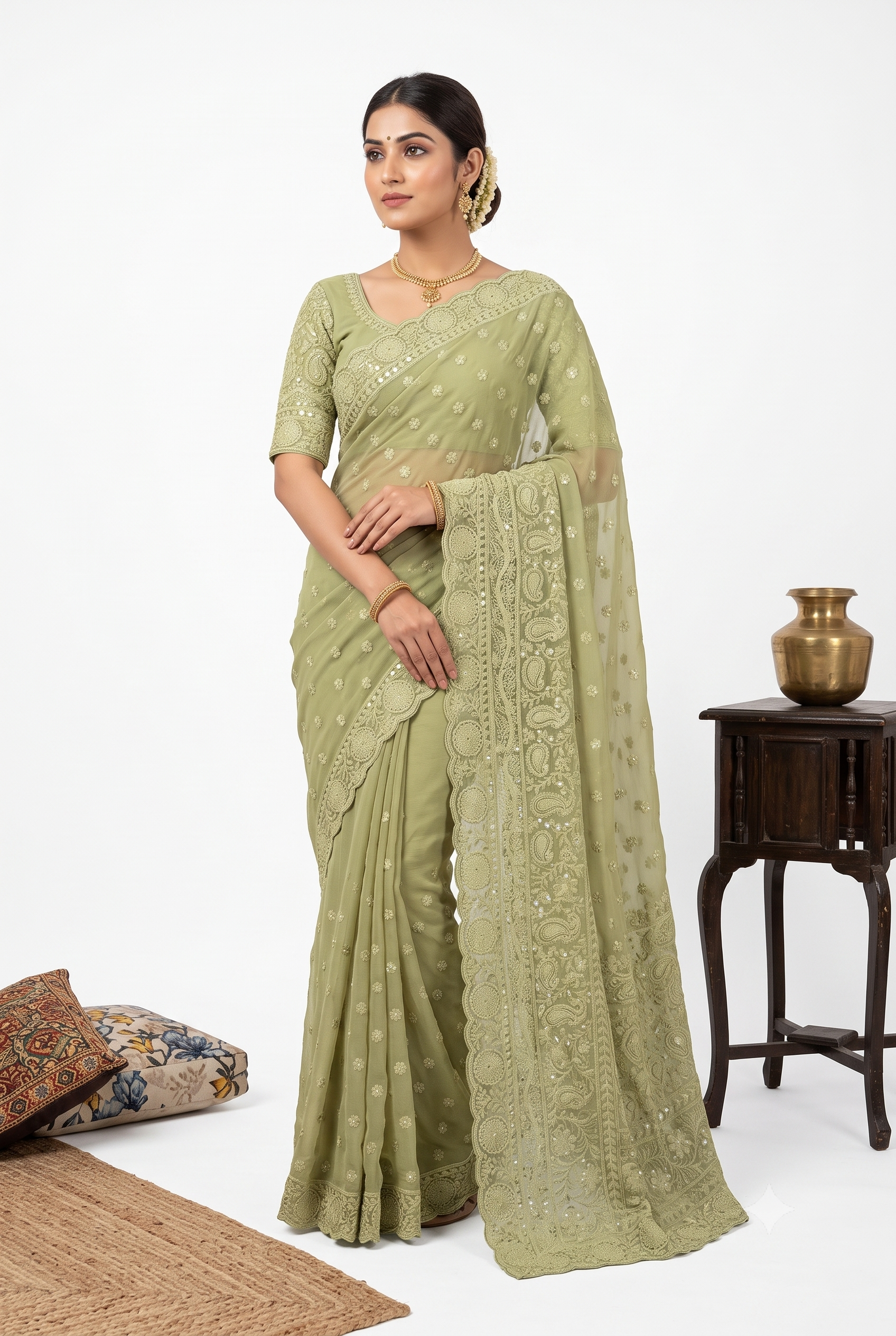 Chikankari Georgette Pista Green Saree