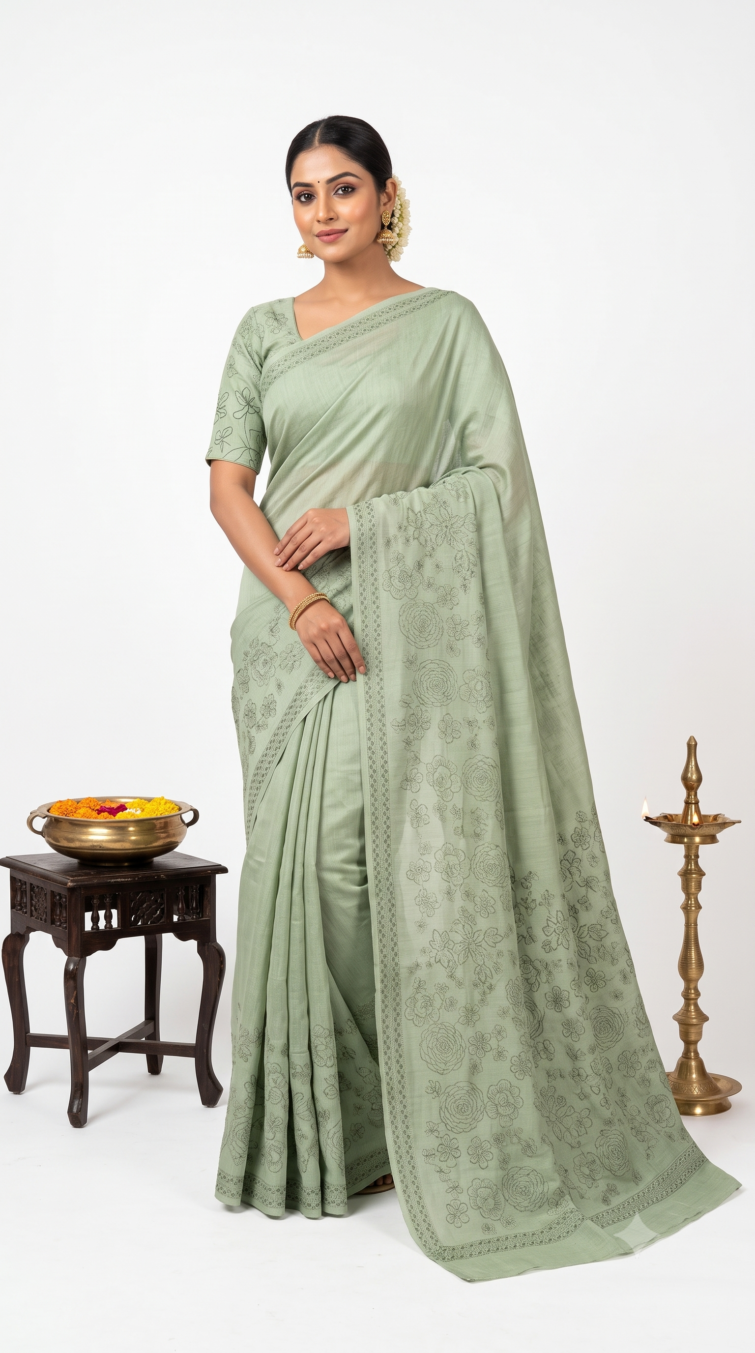 Embroidery Thread Work Posh Pista Green Saree