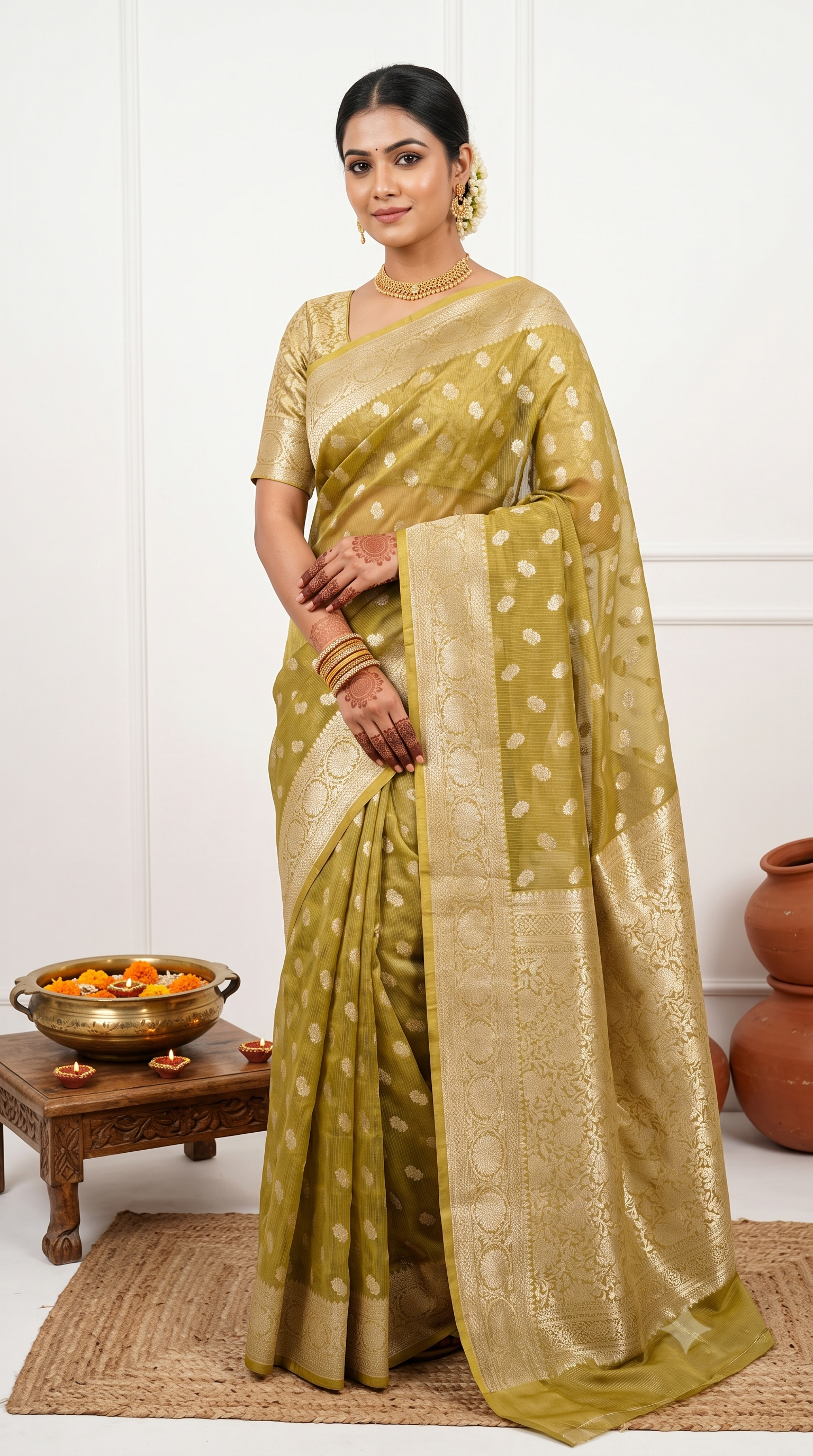 Banarasi Tissue Mehendi Green Saree