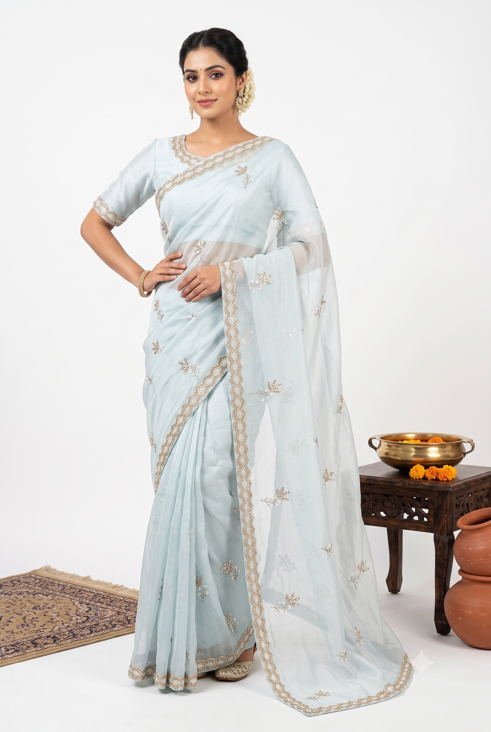 Designer Satin Sky Blue Saree