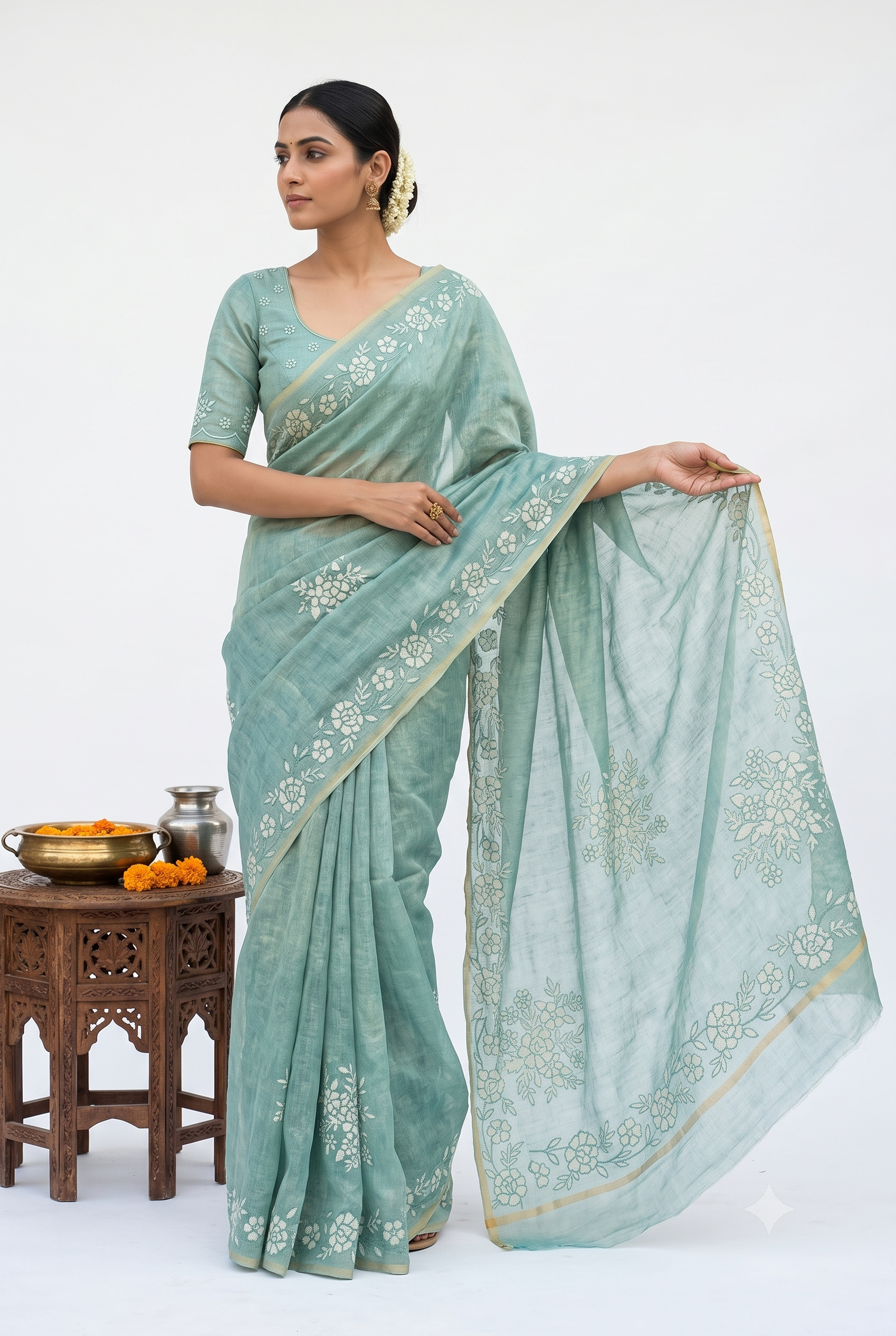 Designer Linen Shimmer Sea Green Saree