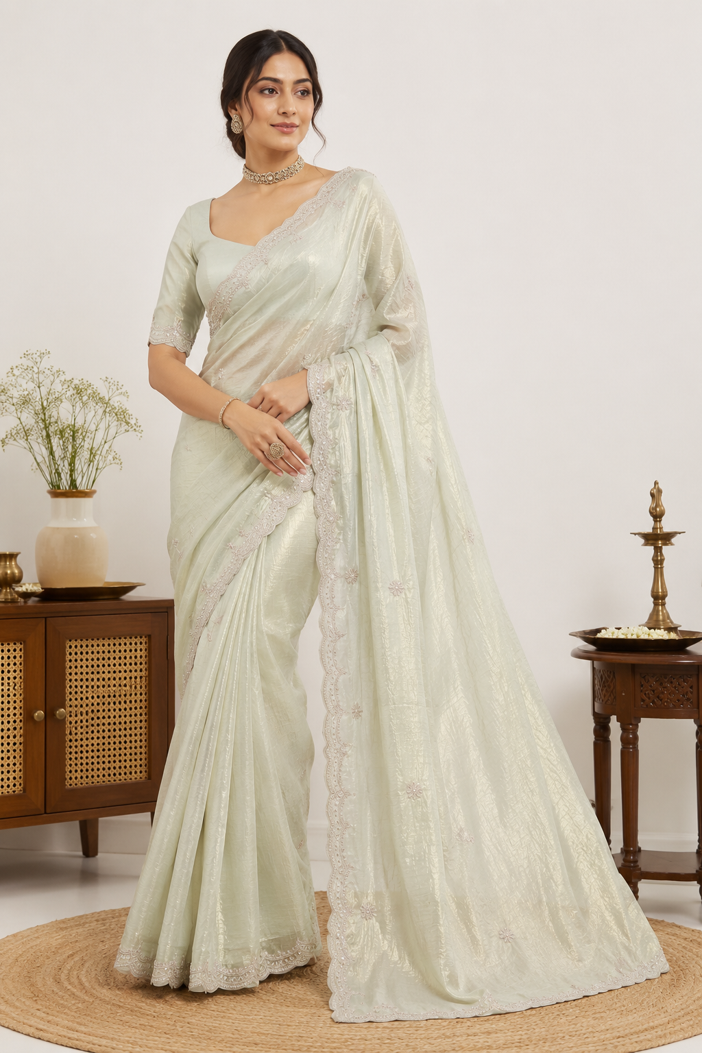 Designer Lace HO Silk Pista Green Saree