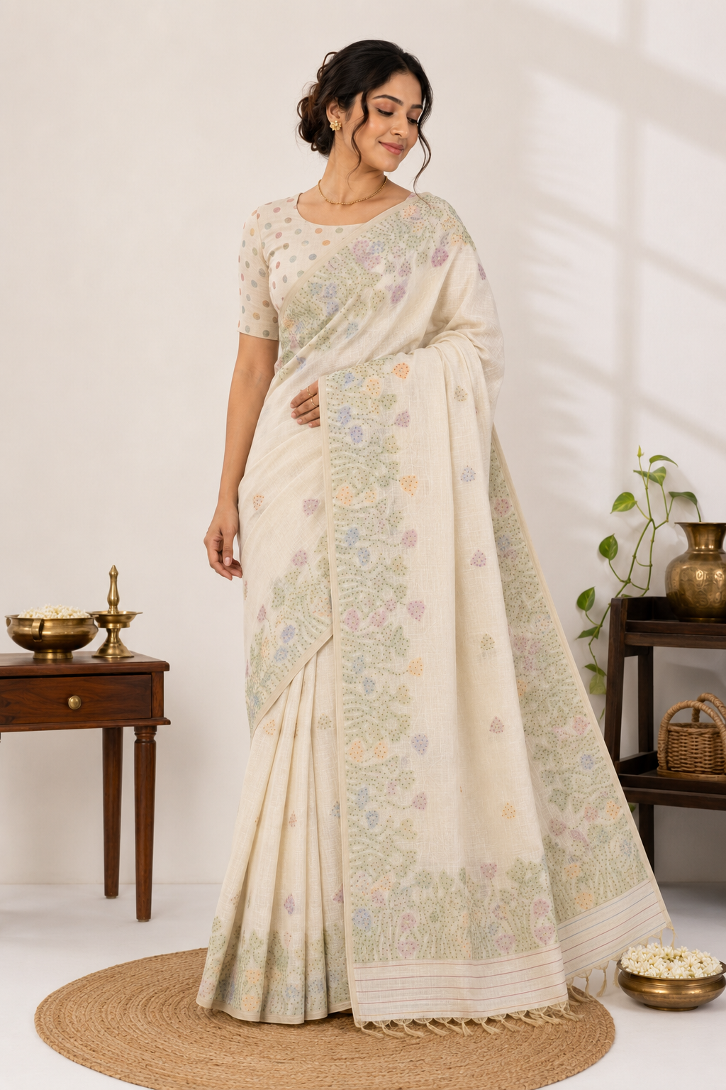 Floral Embroidery Jamdani Beige Saree