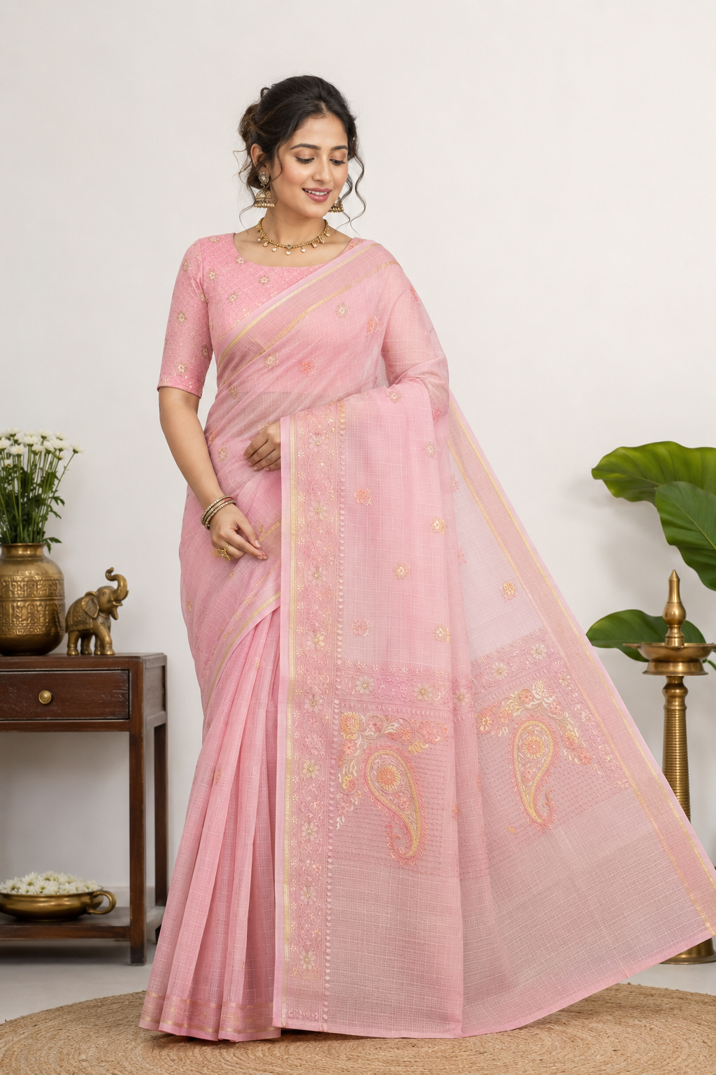 Designer Embroidery Crush Baby Pink Saree