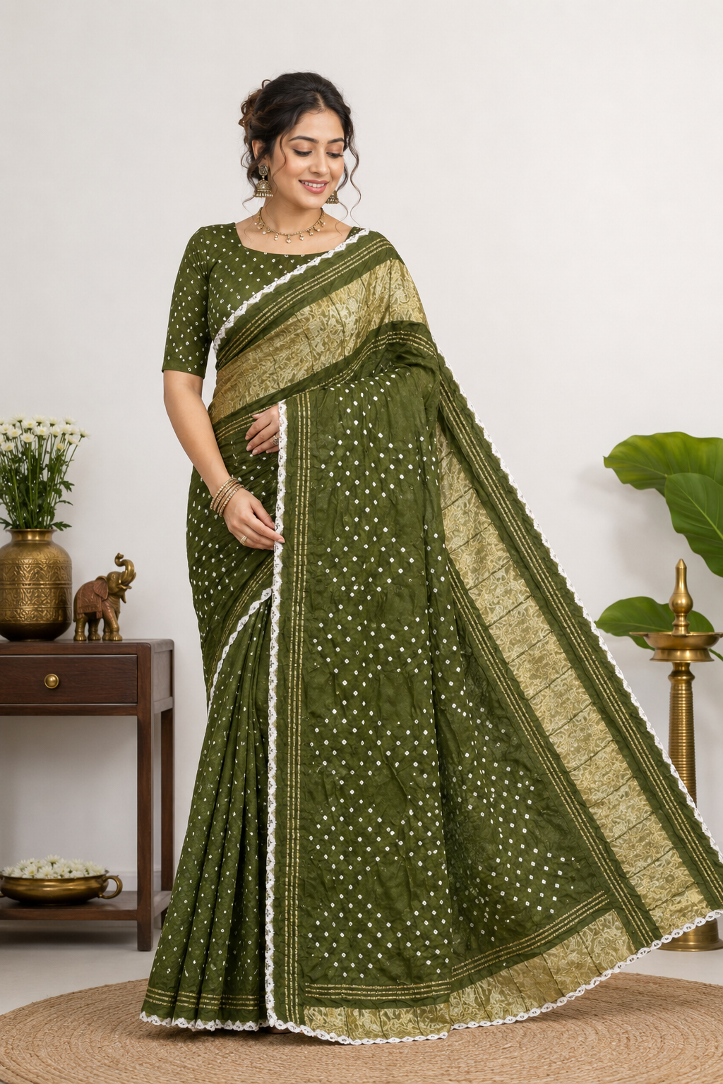 Bandhej Print Modal Silk Bottle Green Saree