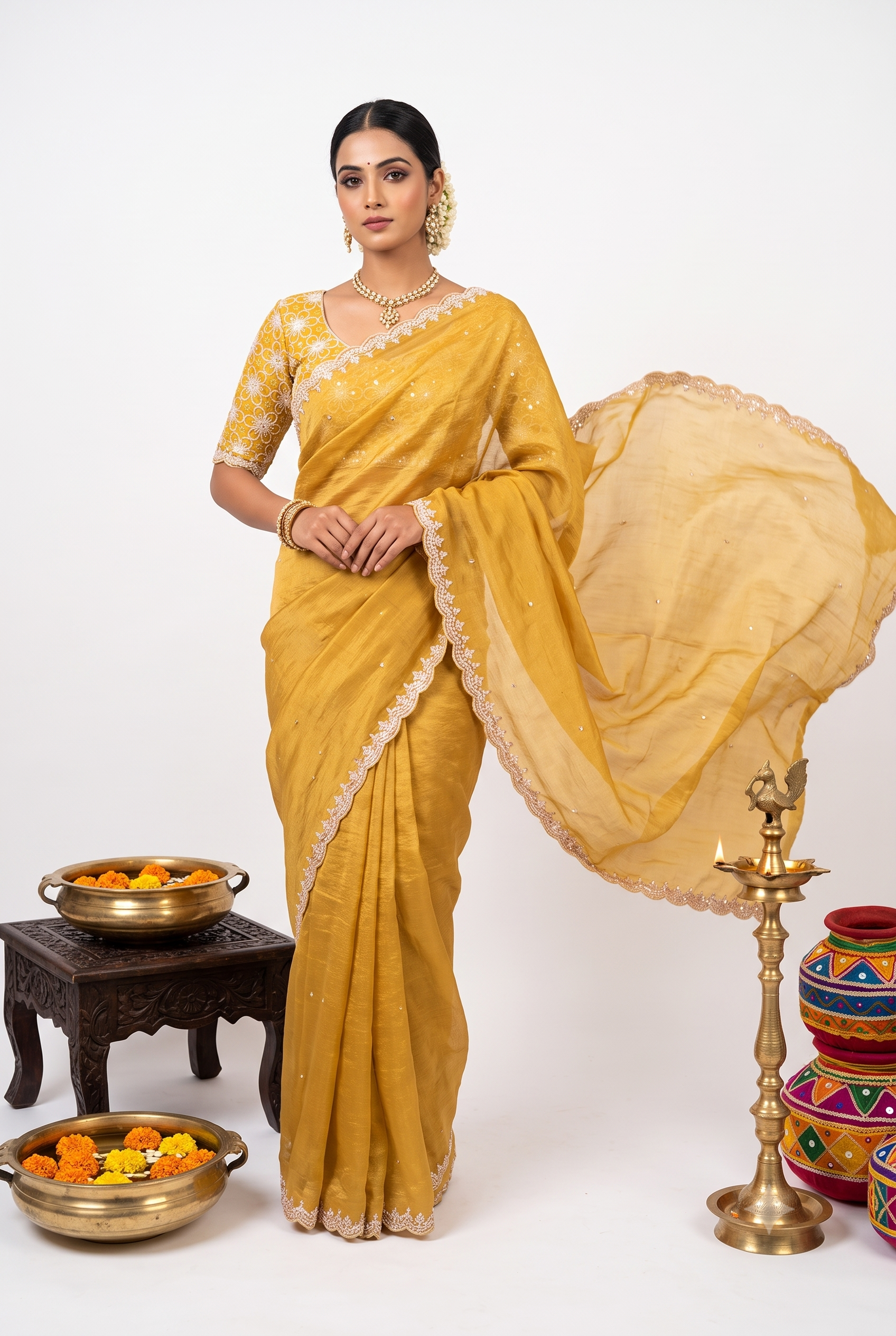 Designer Kora Tissue Silk Metalic Yellow Saree
