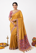 Patch Work Kora Tissue Silk Yellow Saree