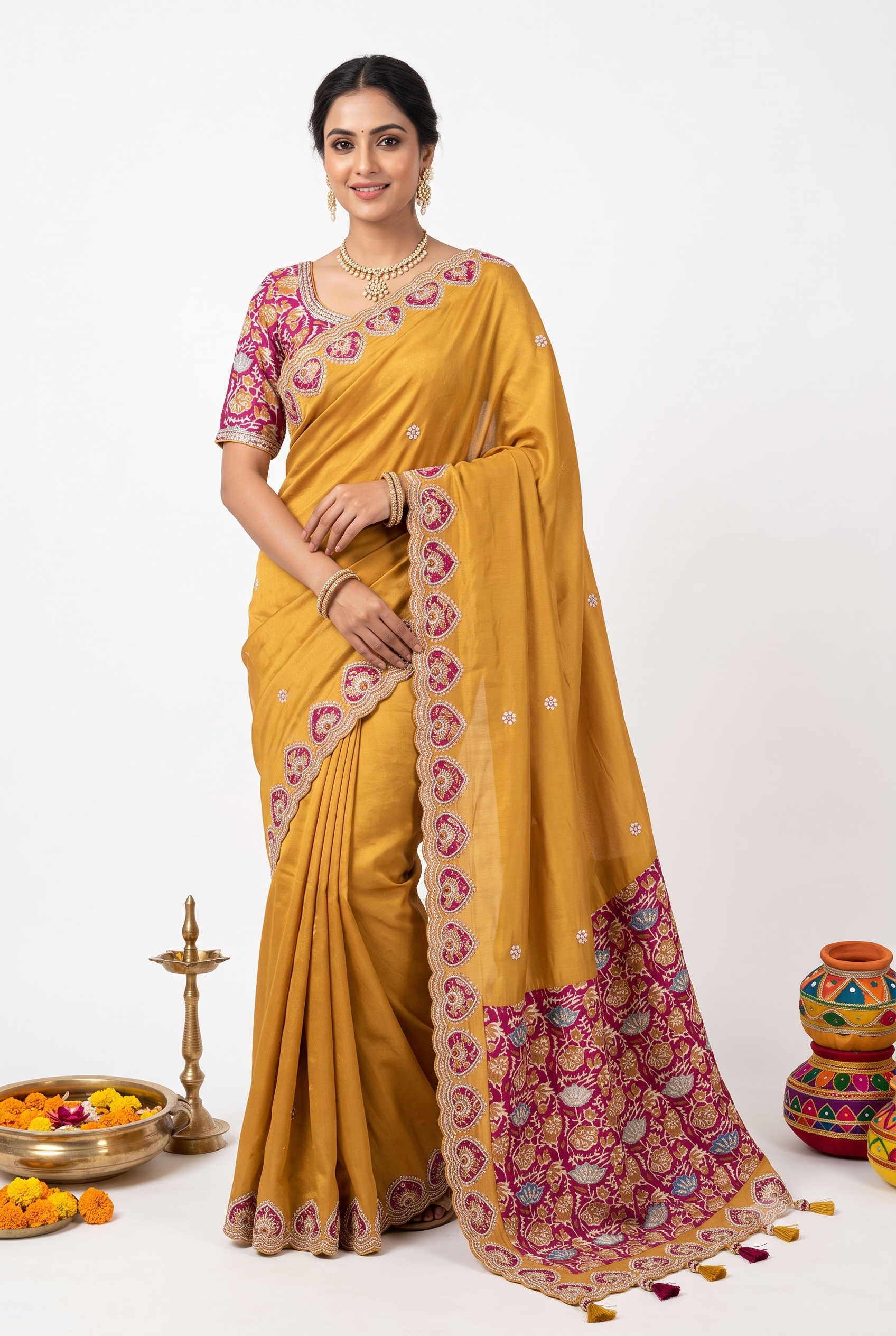 Patch Work Kora Tissue Silk Yellow Saree