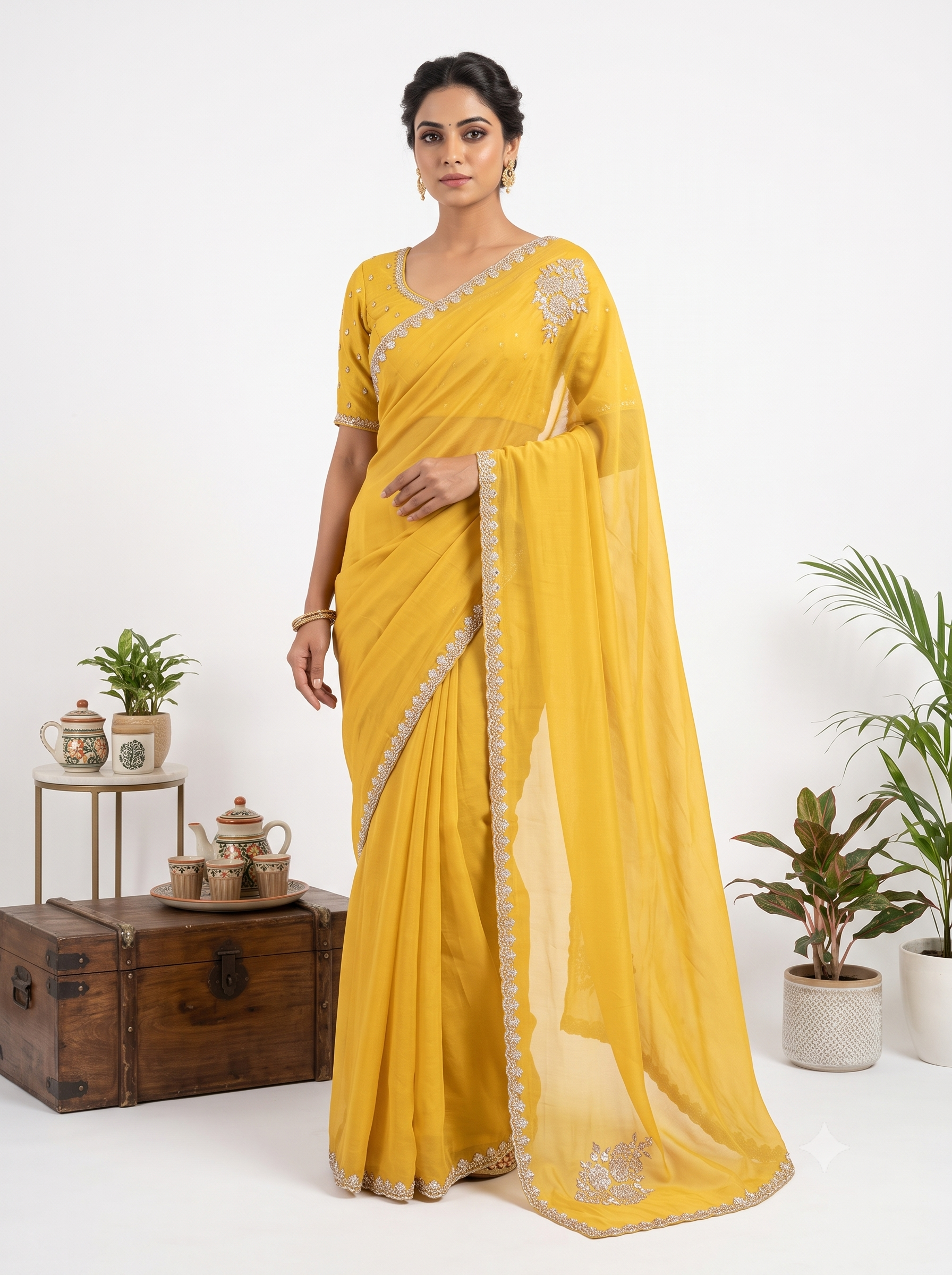Hand Embroidery Jimmy Choo Yellow Saree