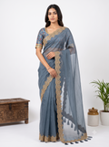 Embroidered Kora Tissue Silk Blueish Gray Saree
