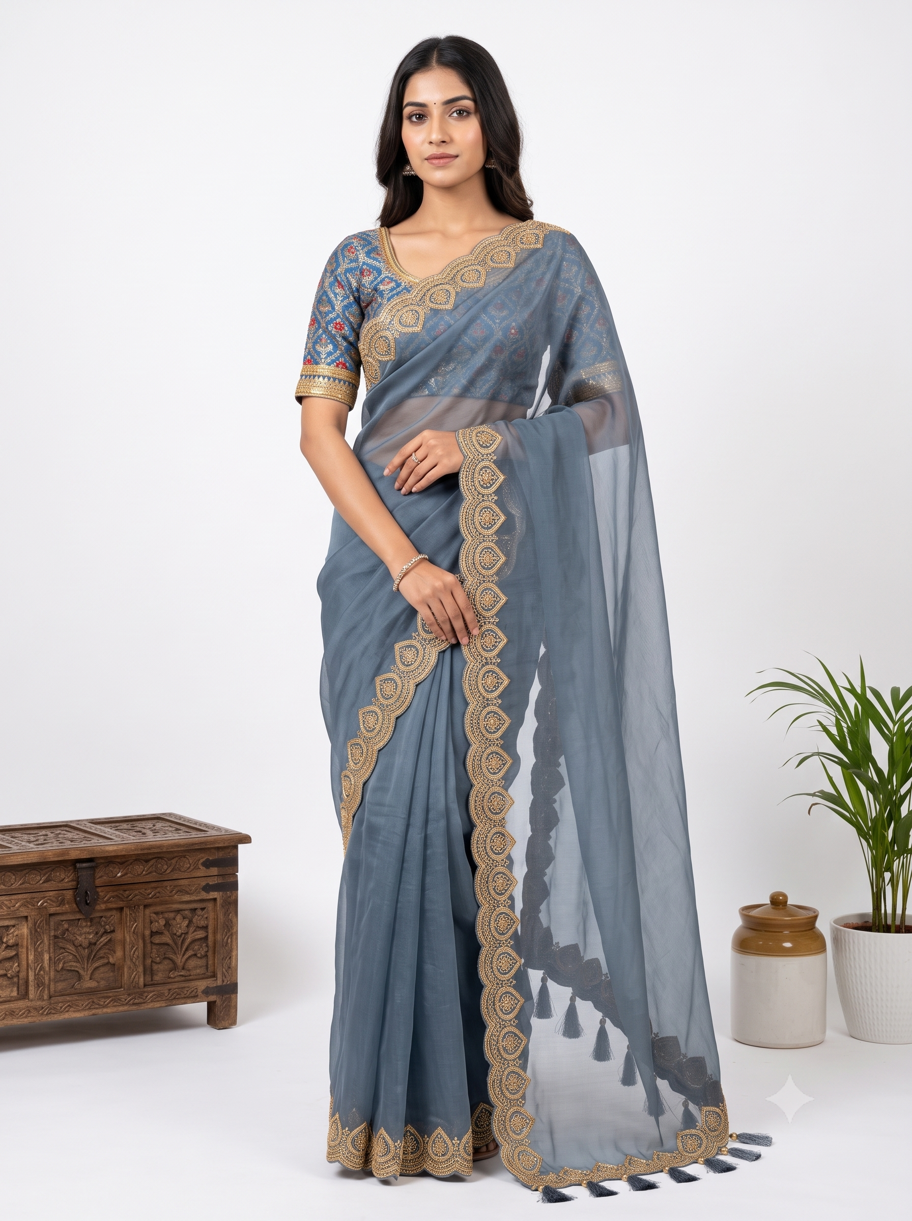 Embroidered Kora Tissue Silk Blueish Gray Saree