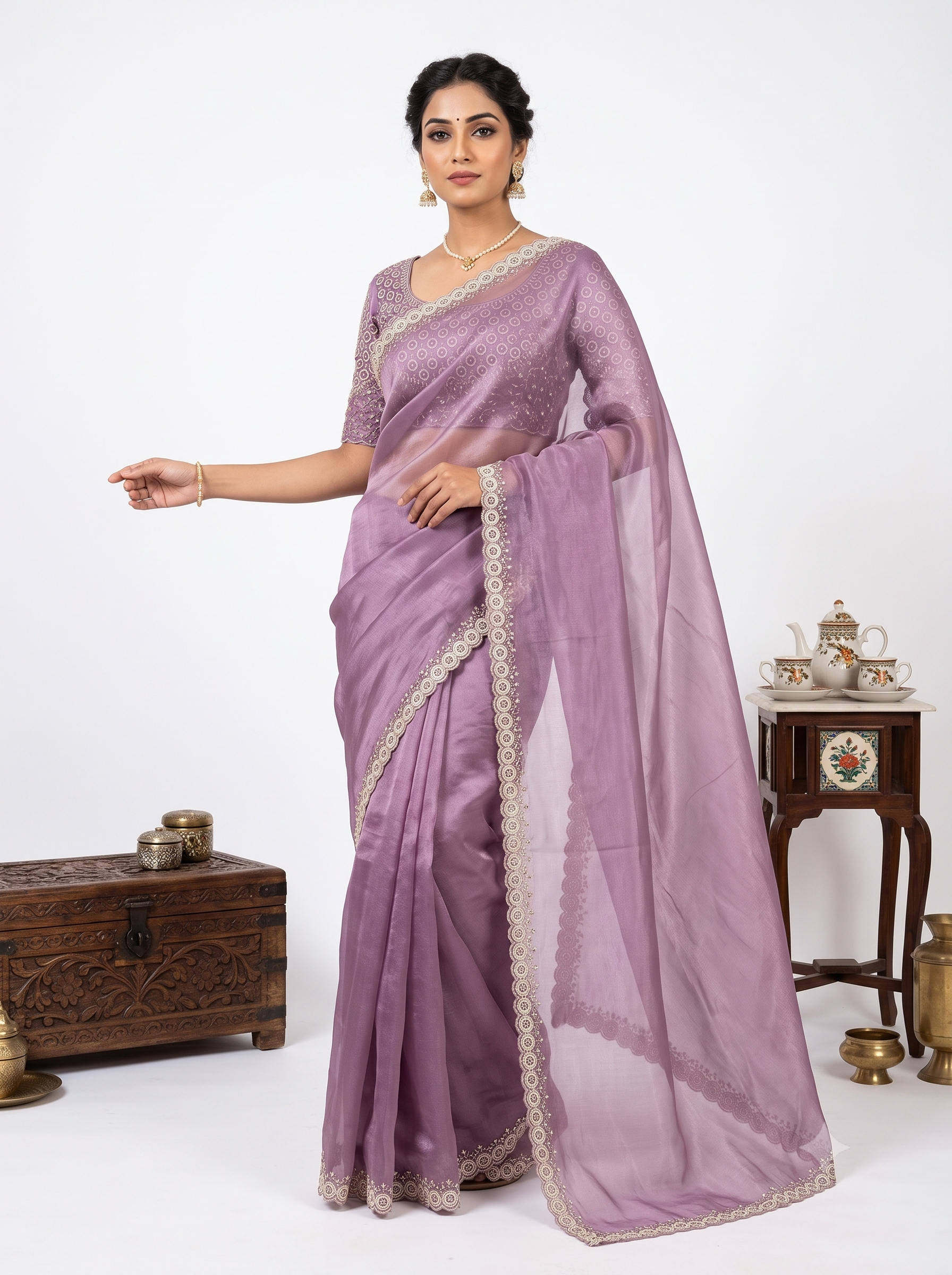 Designer Kora Tissue Purple Saree