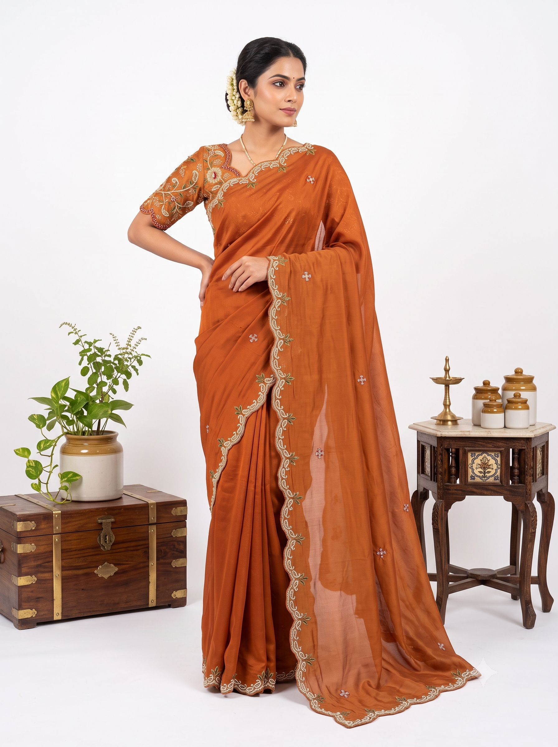 Perl Embroidery Satin Rust Orange Saree