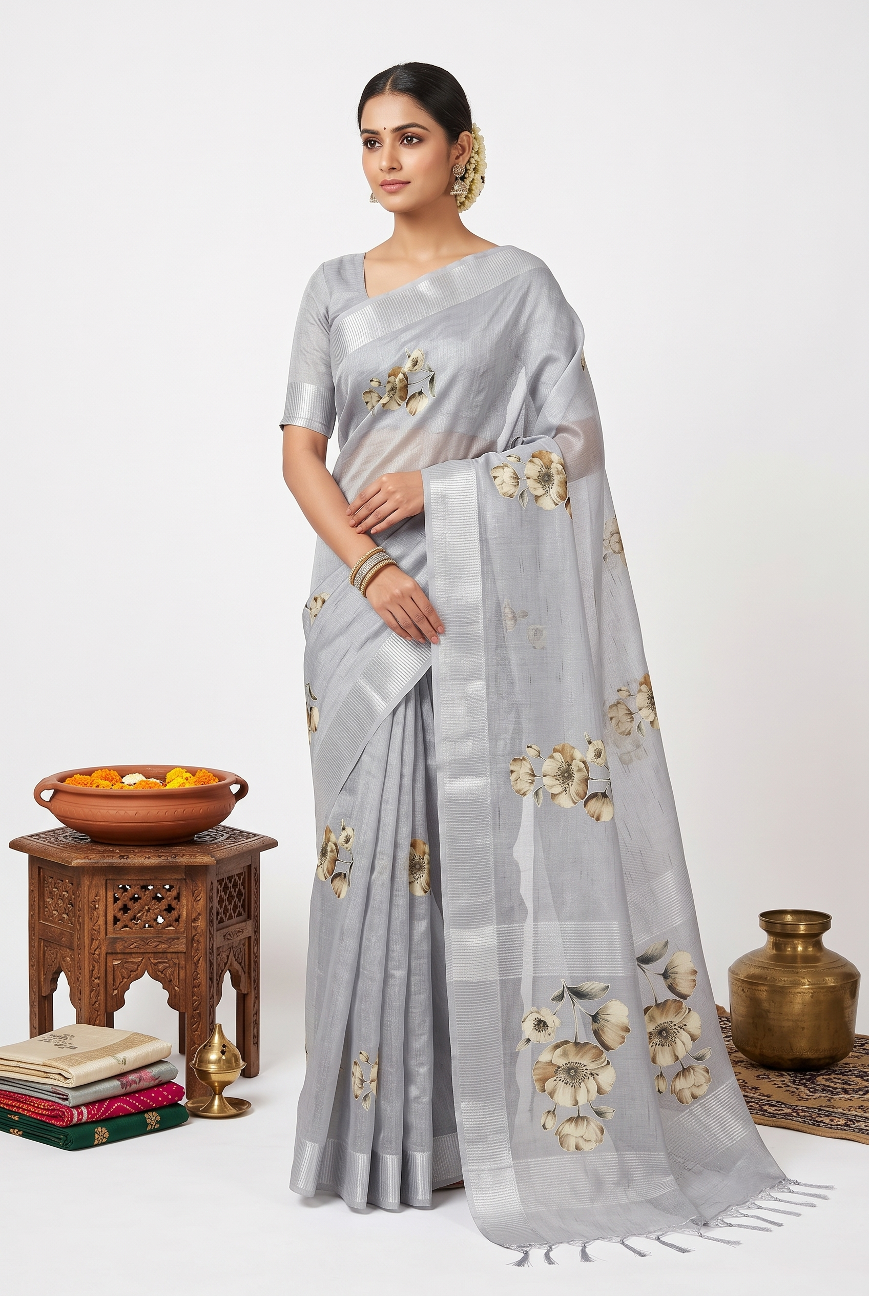 Floral Patch Work Tissue Silk Sliver Saree