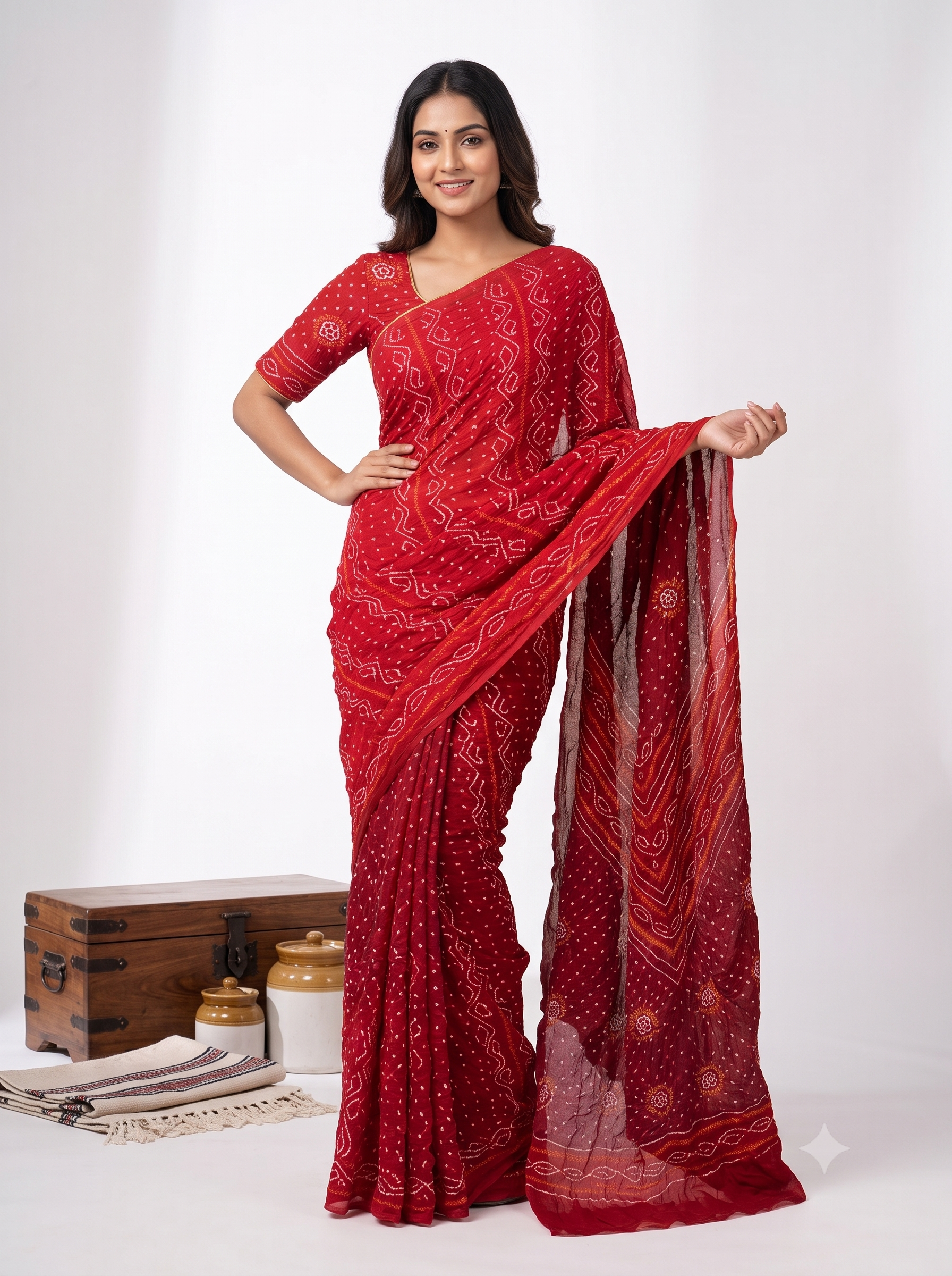 Tie And Die Bandhej Work Georgette Red Saree