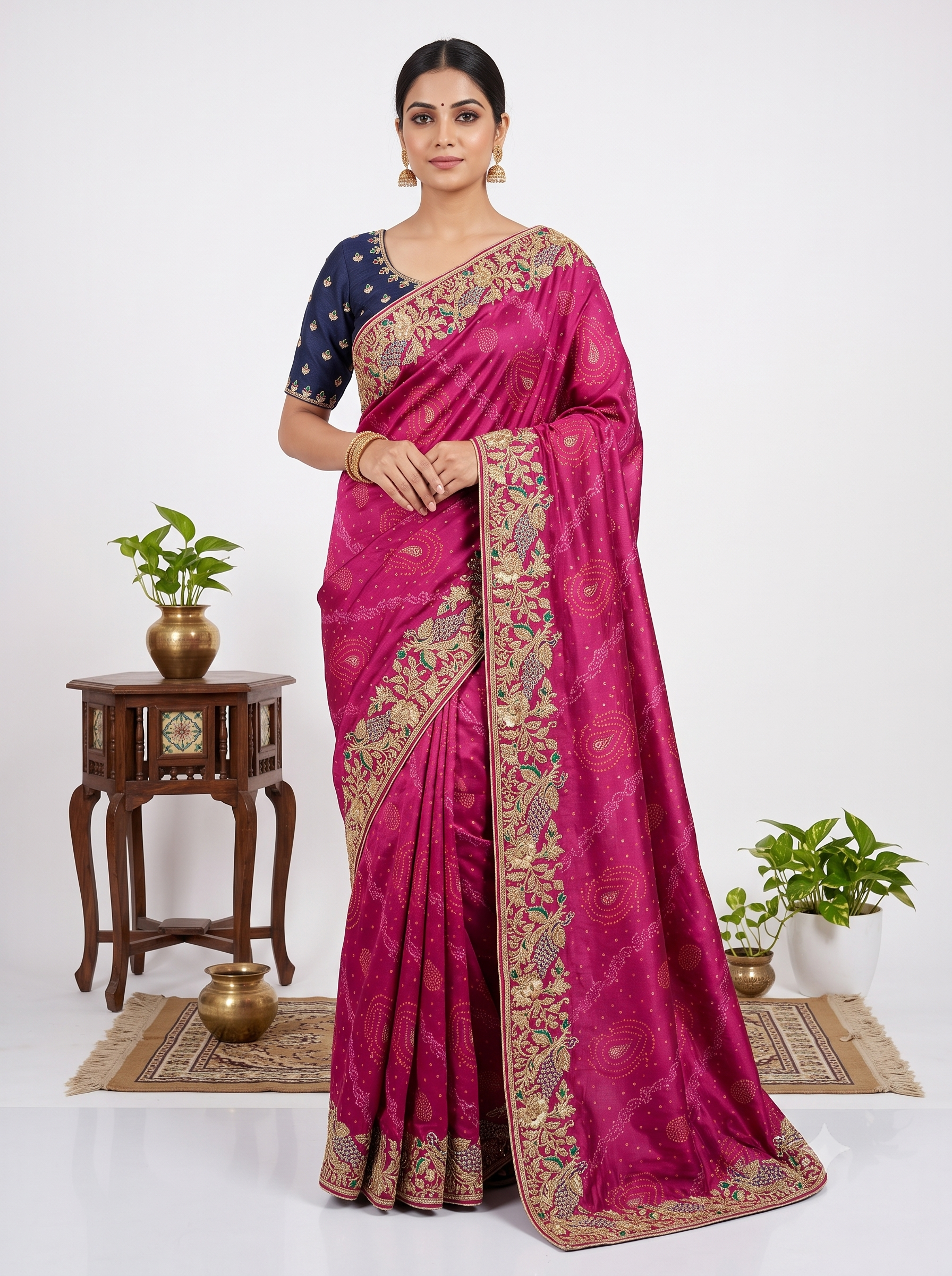 Zardosi Work Bandhani Print Satin Pink Saree