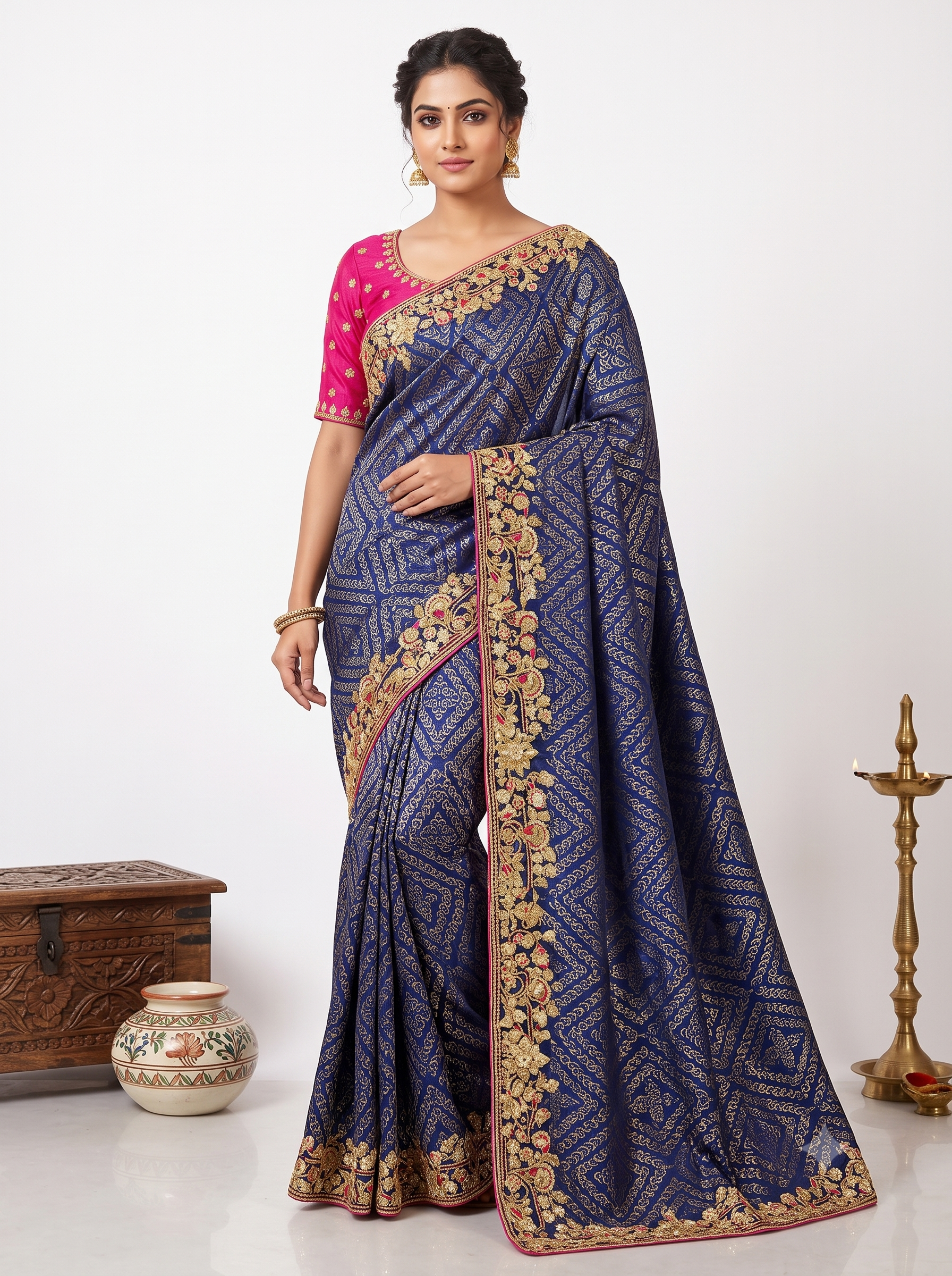 Zardosi Work Bandhani Print Satin Blue Saree