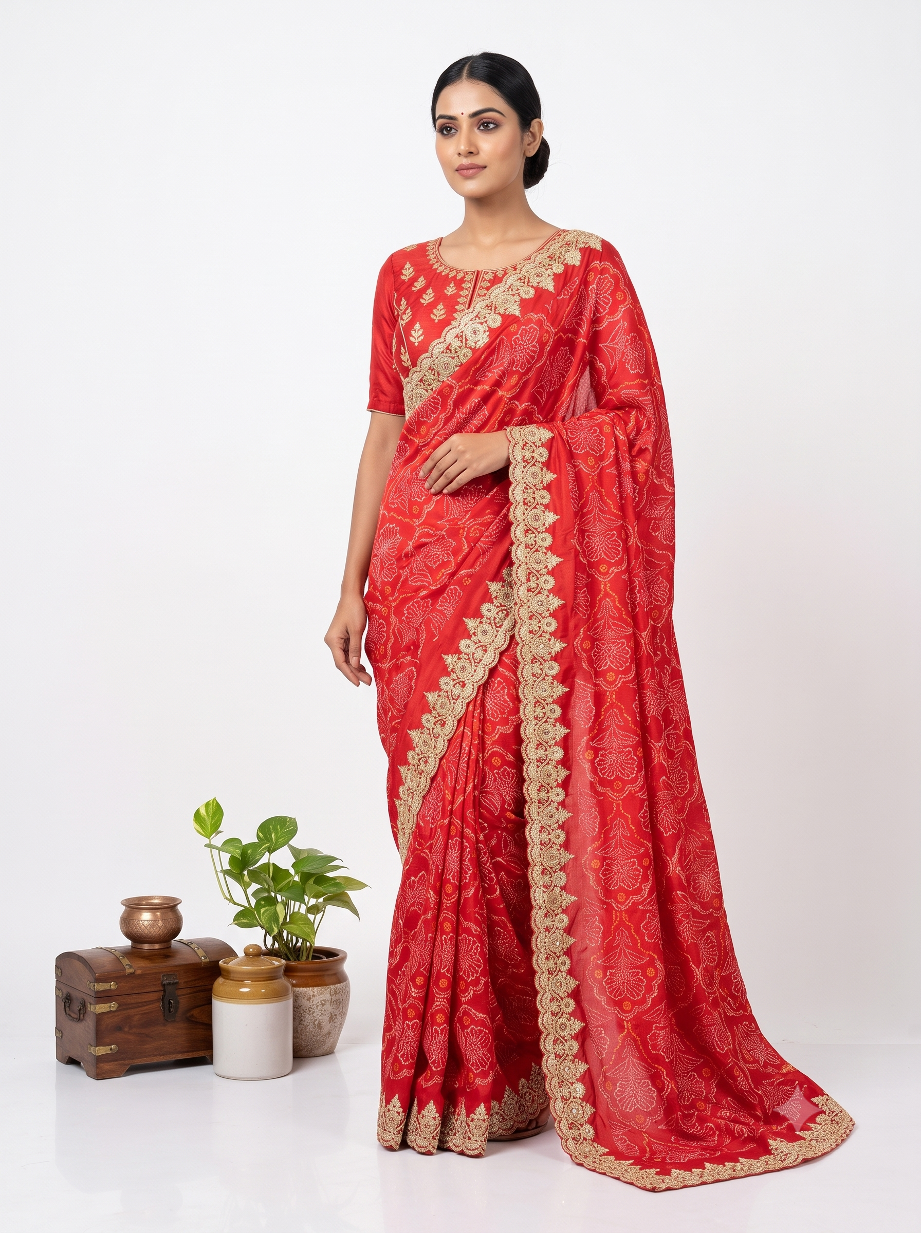 Zardosi Work Bandhani Print Satin Red Saree