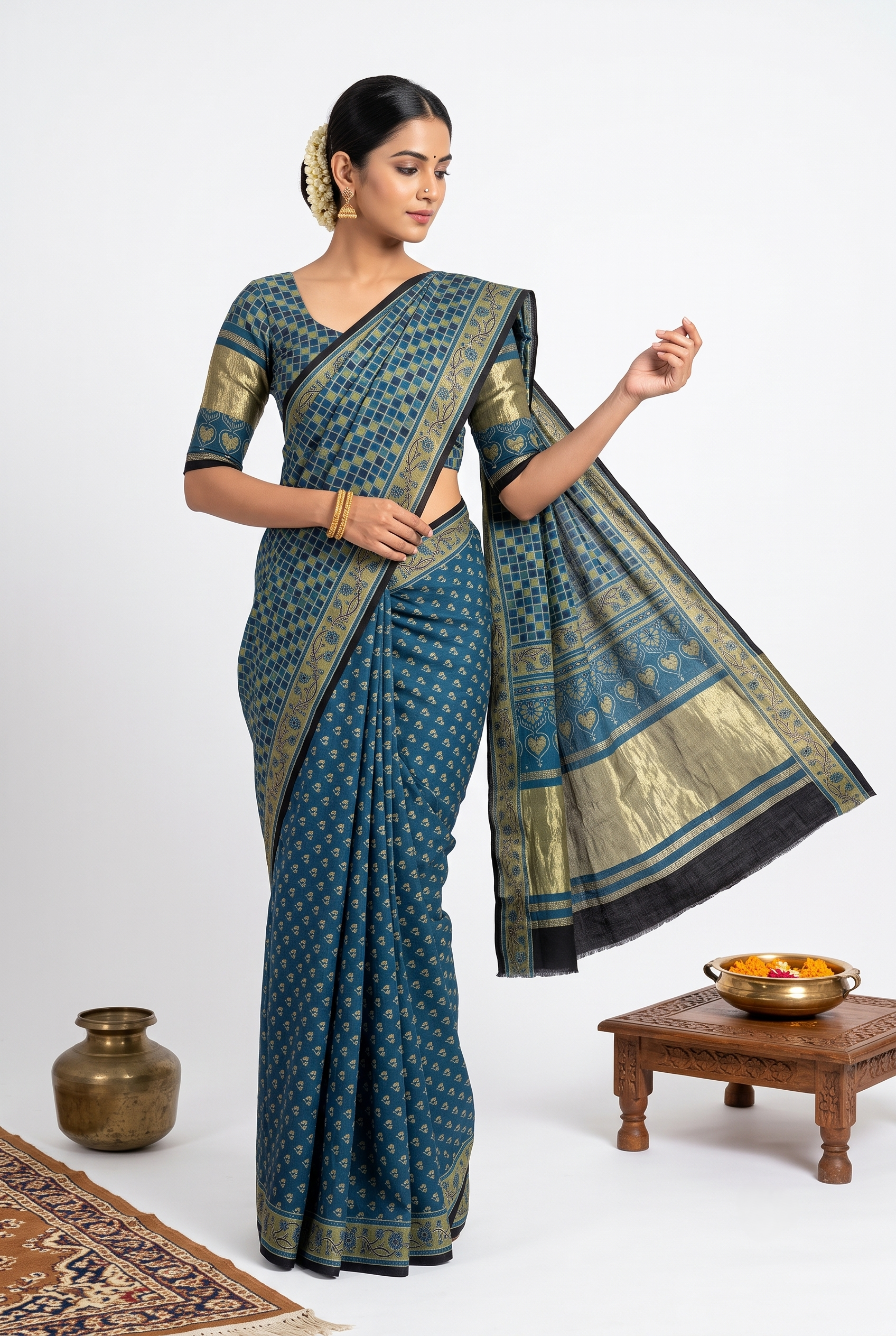 Ajrak Block Print Modal Silk Teal Blue Saree